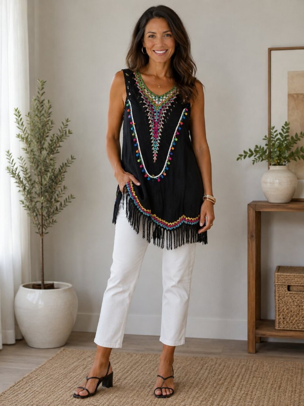Women's Black Swimsuit Cover Up Boho Crochet Pom Pom Fringe Beach Tunic